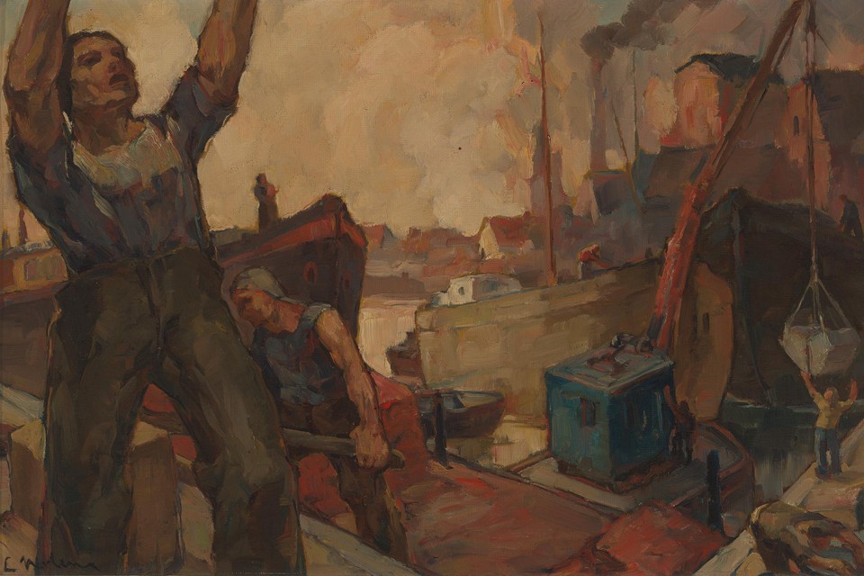 Een werk van Lucien Nolens: zwoegende arbeiders in de Hasseltse kanaalkom. 