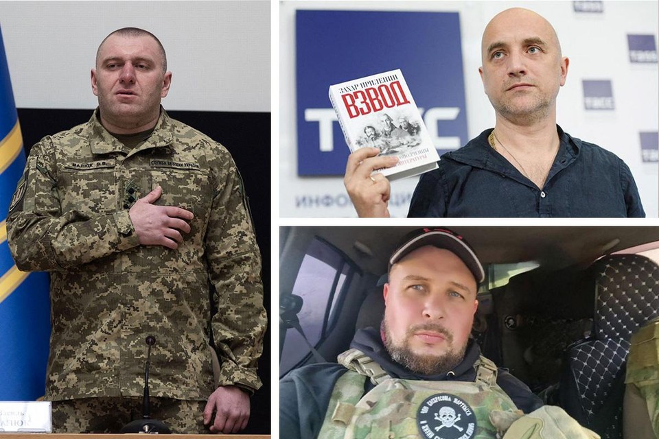 Vasyl Malyuk, hoofd van de Oekraïense veiligheidsdienst (links), de Rus Zakhar Prilepin (boven) en milblogger Vladlen Tatarsky.