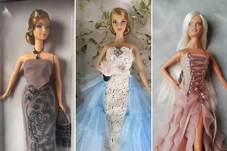 Van links naar rechts: de Giorgio Armani-Barbie, de Oscar de la Renta-Barbie en de Versace-Barbie