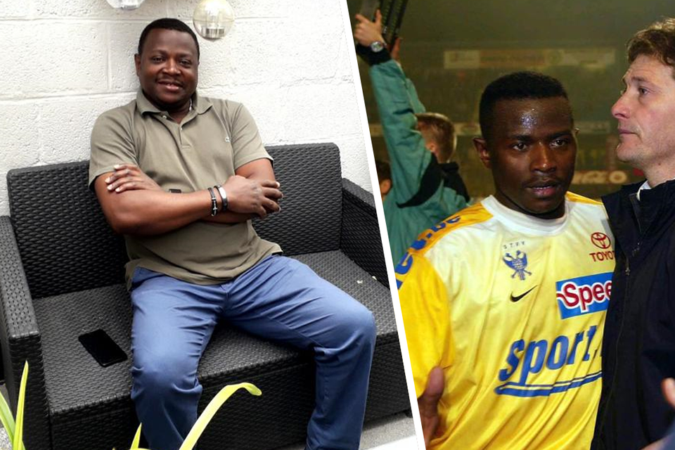 Tijdens zijn carrière (rechts) woog Mbonabucya 77 kilo. Anno 2020 (links) zit hij op 90. “Zolang ik onder de 100 blijf, mag ik thuis nog binnen.” 