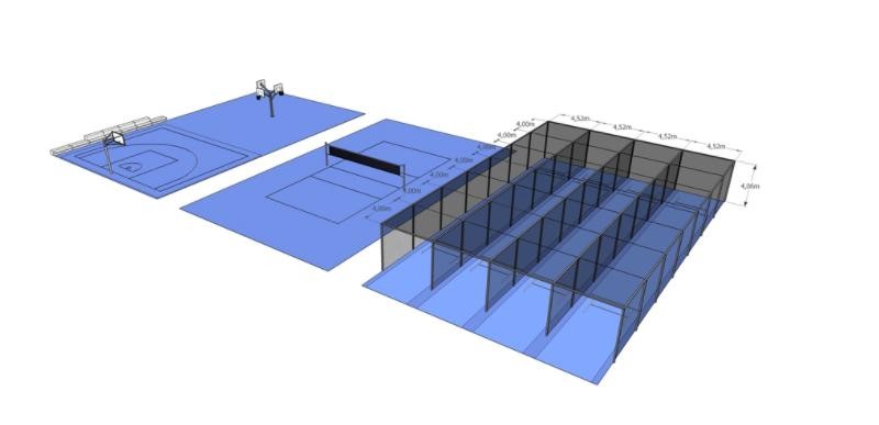 Redeveloped playgrounds, cricket cages on the right.  Volleyball court in the middle and basketball court on the left. 