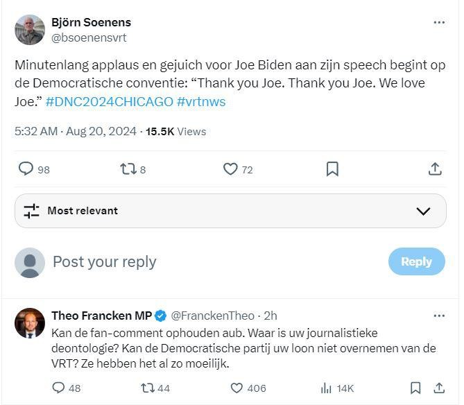 Theo Francken who is not happy with Björn Soenens’ tweet: “Can the comments of the fan stop”