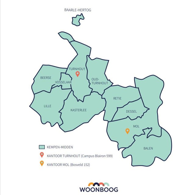Het werkingsgebied van Woonboog bestrijkt elf gemeenten in de regio Kempen-Midden. 