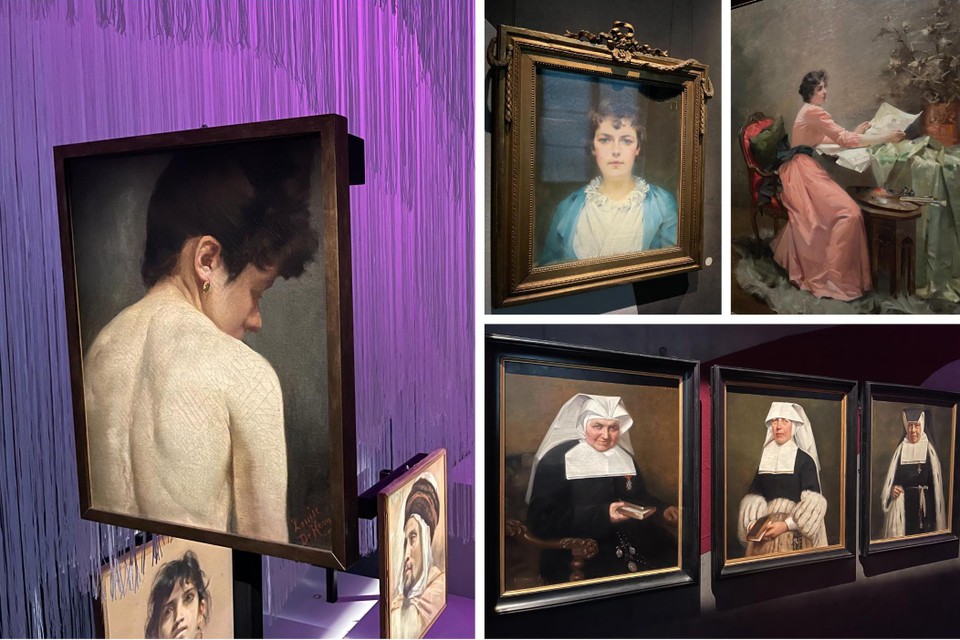 Onder meer een zelfportret (rechtsboven) en andere portretten van Louise De Hem uit de collectie van het Yper Museum zijn te zien in de expo. 