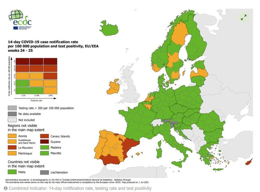 Nieuwste Europese kleurenkaart van 1 juli 2021