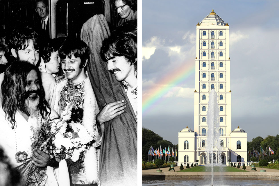 Links: Maharishi en The Beatles. Rechts: Maharishi-toren 