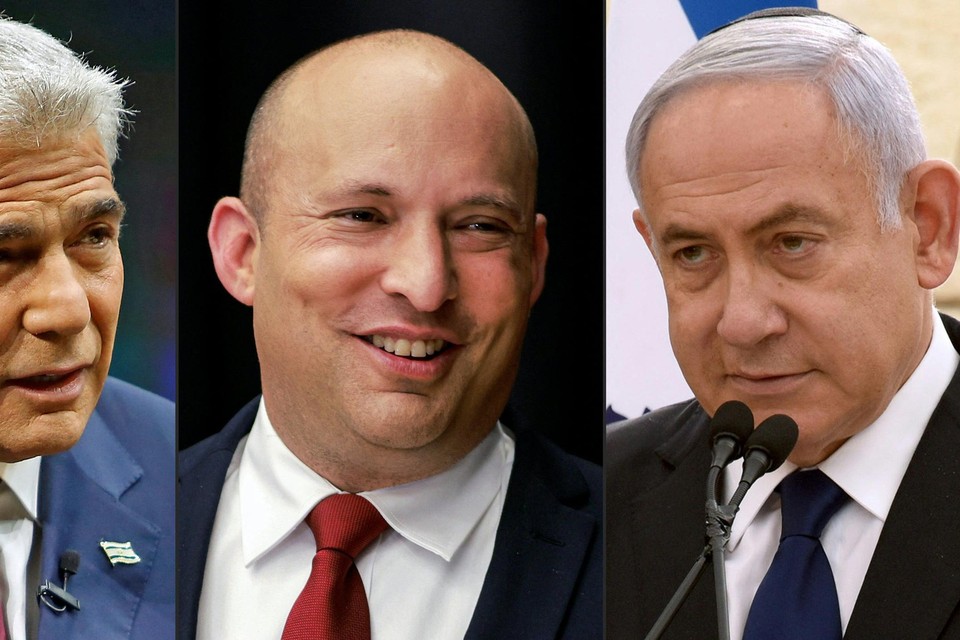 Yair Lapid, Naftali Bennett en Israelische premier Benjamin Netanyahu  