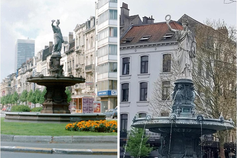 Links: het oorspronkelijke beeld met de lauwerkrans in de richting van het stadhuis. Rechts: de foute herstelling met de lauwerkrans in de lucht.