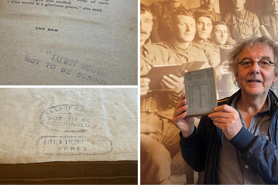 Links enkele stempels in de historische boeken, rechts Jan Louagie met een teruggevonden boek voor een oude foto met lezende soldaten in het Poperingse Talbot House. 
