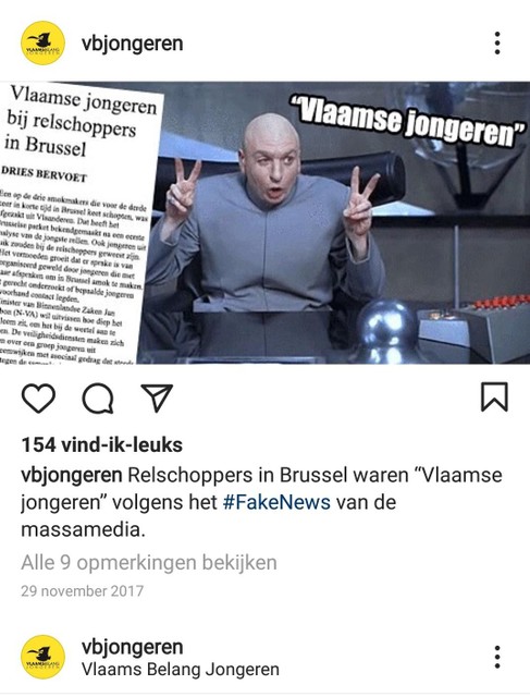 Ook de Vlaams Belang-jongeren gebruiken al langer memes om hun boodschappen op social media kracht bij te zetten. 
