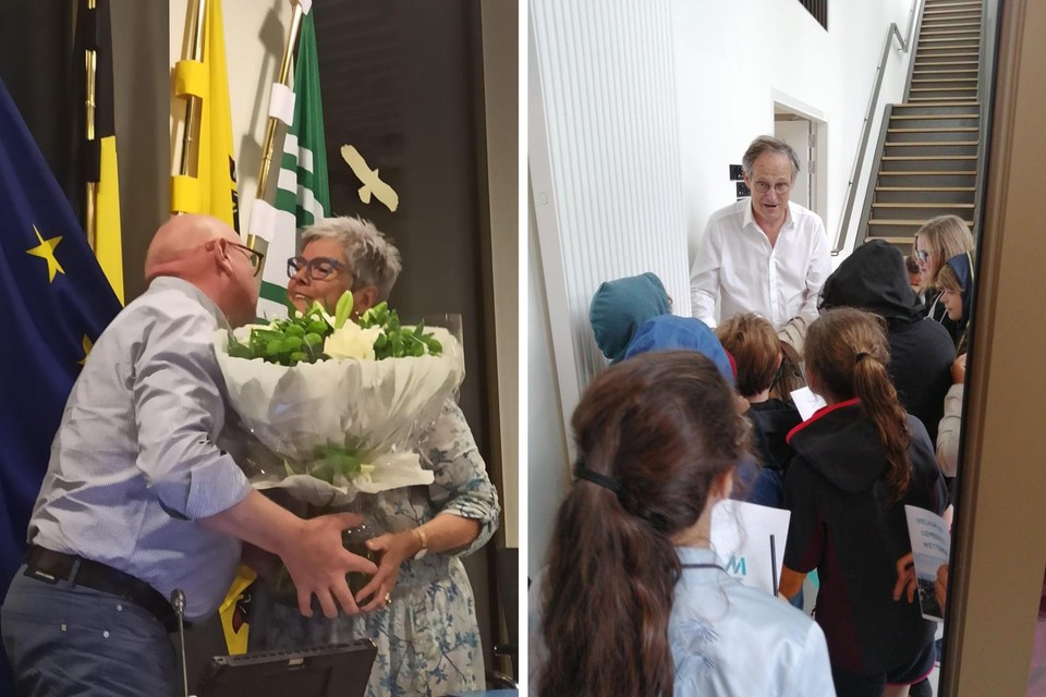 Afscheidnemend burgemeester Alain Pardaen kreeg woensdag bloemen  bij zijn laatste gemeenteraad. Rechts de kinderen van de Vrije Basisschool Sint-Theresia, die onverwacht de nieuwe burgemeester tegen het lijf liepen.  