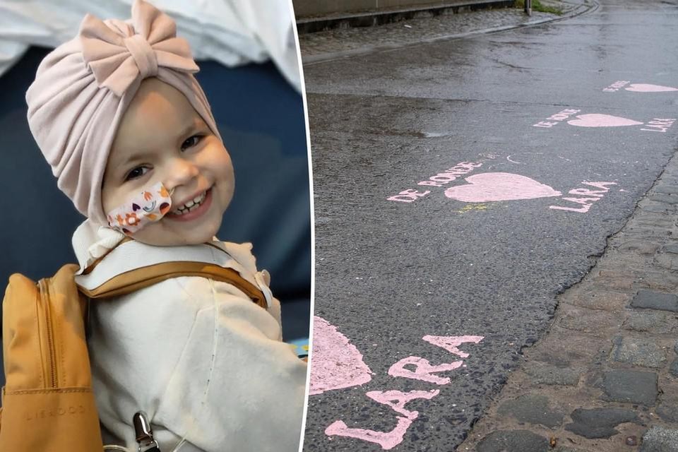 Op de wegen zijn roze hartjes geschilderd als steunbetuiging voor Lara (3) die tegen kanker strijdt.