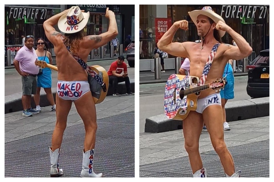 De naakte cowboy die paradeert aan Trump Tower en andere centrale plekken in New York.