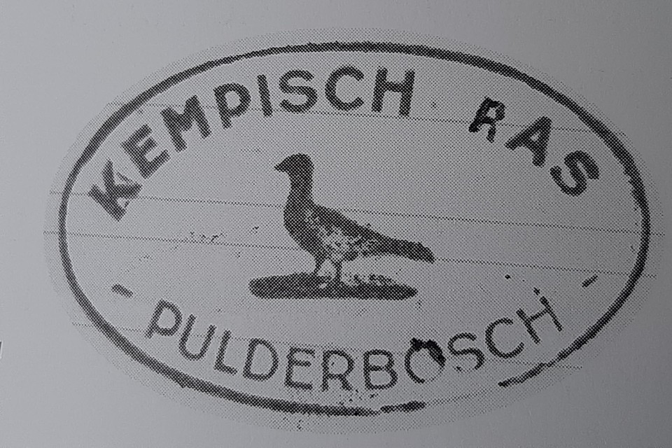 De eerste stempel van de duivenbond van Pulderbos, die toen nog Kempisch Ras heette.
