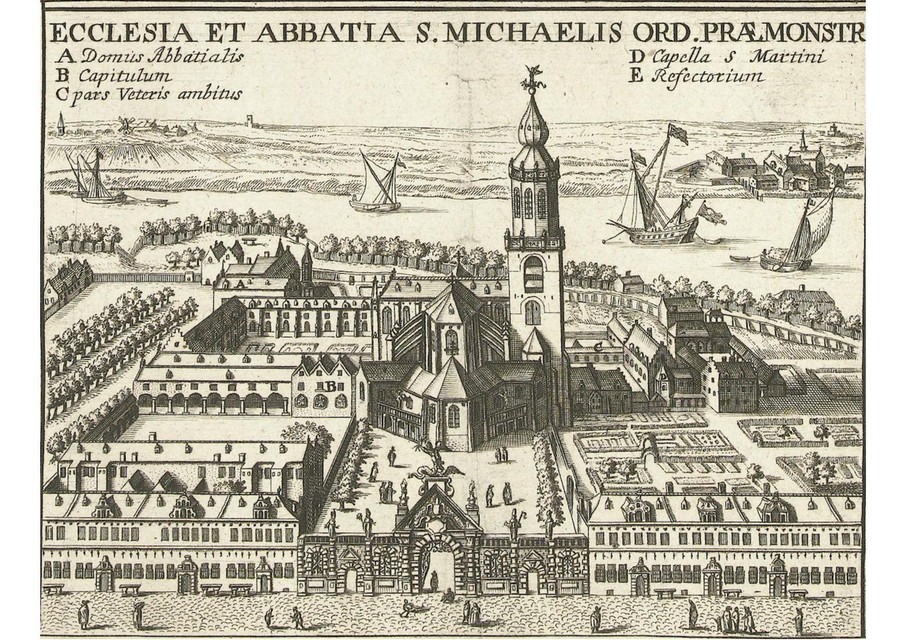 Een zicht op de Sint-Michielsabij vanuit de Kloosterstraat in 1659.