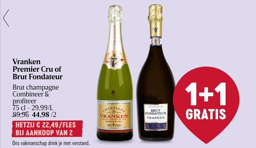 Delhaize heeft een 1 plus 1 gratis bij deze twee flessen champagne van Vranken