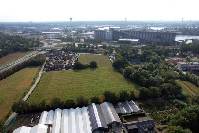 Het terrein (het maïsveld midden op deze foto) ligt tussen de R4 en Oostakkerdorp. 