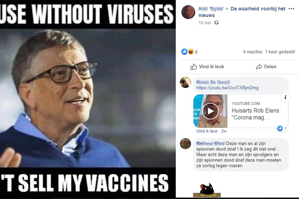 Een screenshot van de site ‘‘De waarheid voorbij het nieuws’. Bill Gates is er een favoriete schietschijf als bron van het coronavirus. 