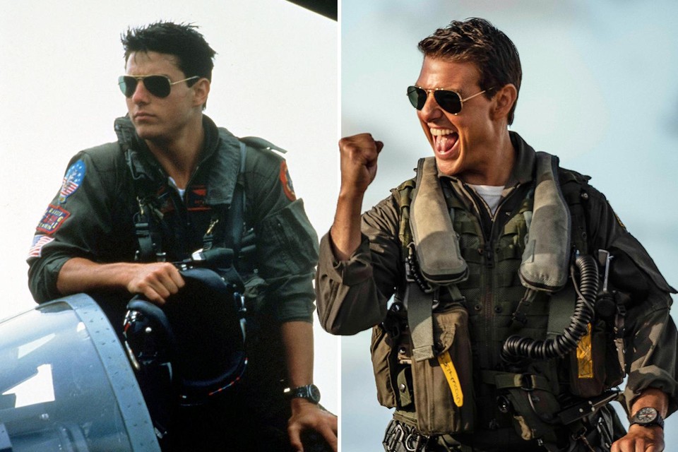 Links: een beeld uit de originele ‘Top gun’ uit 1986. Rechts: 36 jaar later lijkt Tom Cruise geen haar veranderd. 