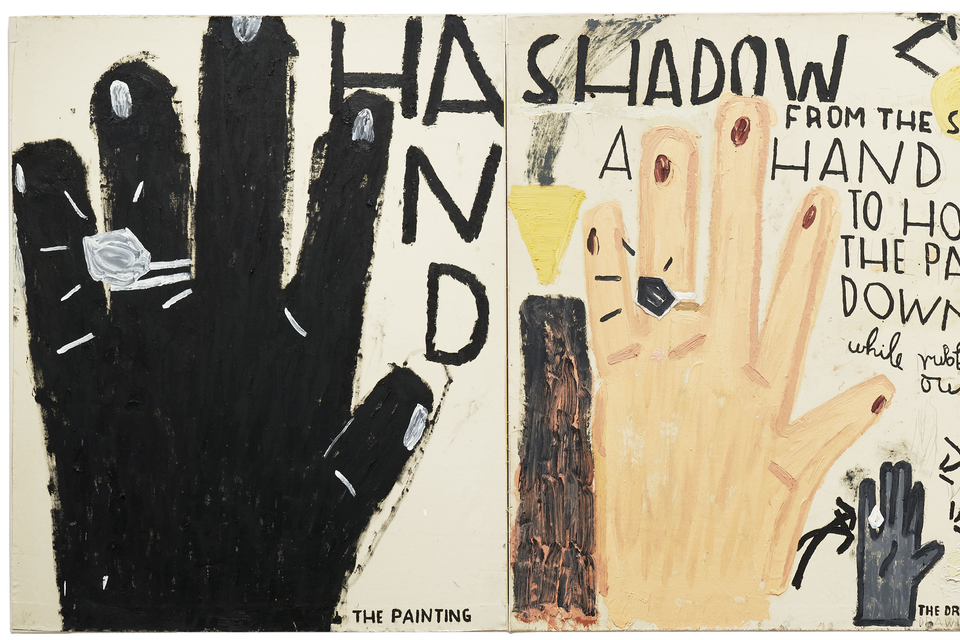 Rose Wylie toont haar processen, en wie wil, vindt verhalen in haar werk. 