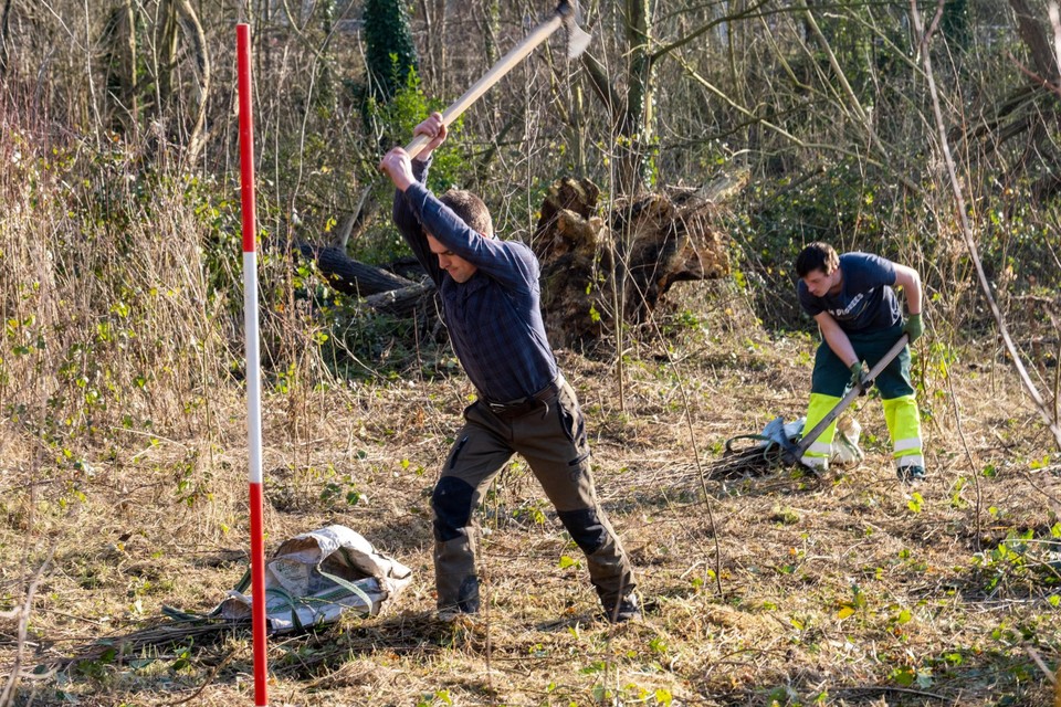 De grond wordt met krachtige uithalen losgewoeld.