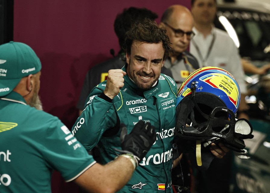 Fernando Alonso celebrates after his podium finish in Jeddah.