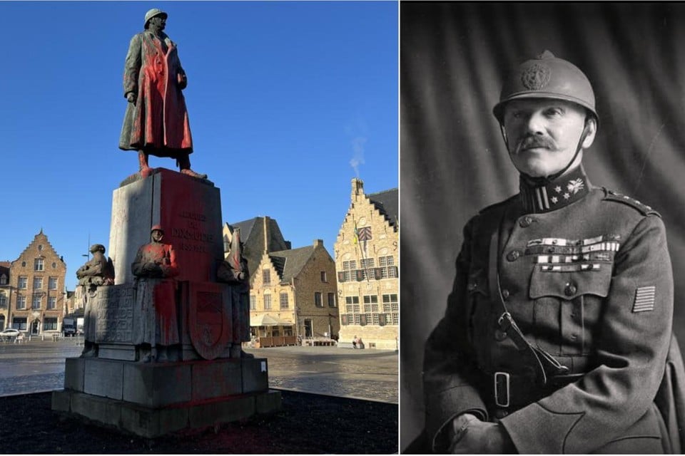 Het standbeeld van de omstreden Jacques de Dixmude op de Grote Markt in Diksmuide werd beklad met rode verf.