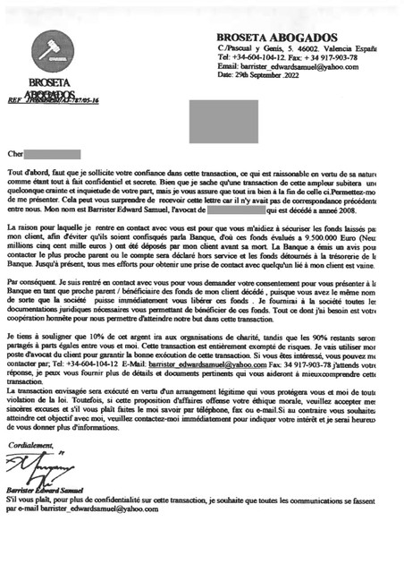 Een van de brieven die door de oplichters is verstuurd. In de brief belooft de zogezegde advocaat een som van 9.500.000 euro voor de nabestaanden van zijn overleden cliënt. 