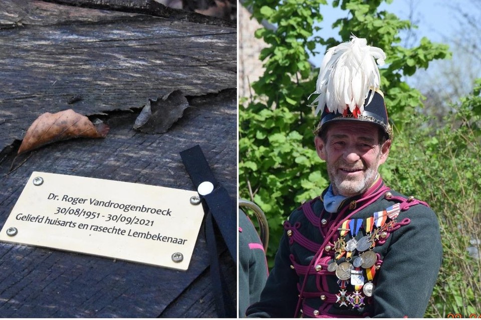 Op een zitbank tegenover het grote Christusbeeld in het Kasteelpark in Lembeek kreeg Roger Vandroogenbroeck een gedenkplaatje. 