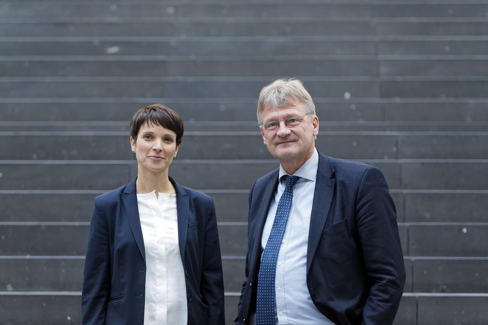 Het onderzoek zou draaien rond voormalig partijleider Jörg Meuthen, hier rechts op de foto uit 2017 naast toenmalig partijgenote Frauke Petry.  