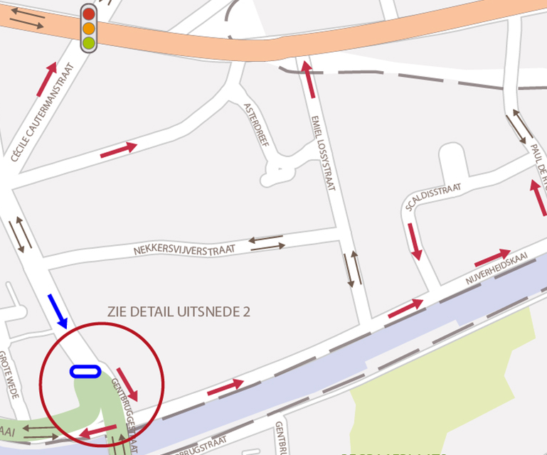 De Nijverheidskaai wordt een eenrichtingsstraat. Ze zal ook niet meer met de auto te bereiken zijn via Gentbruggebrug.