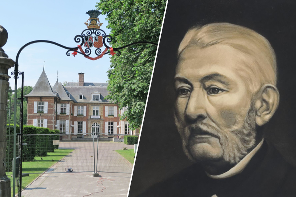 Het kasteel in Schoten draagt het wapenschild van de familie Ullens. rechts: Cornelis Florent Ullens, die burgemeester van Schoten is geweest.