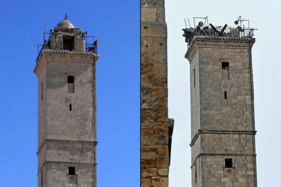 De minaret van de 13de-eeuwse citadel in het Syrische Aleppo vertoont barsten en is deels ingestort.