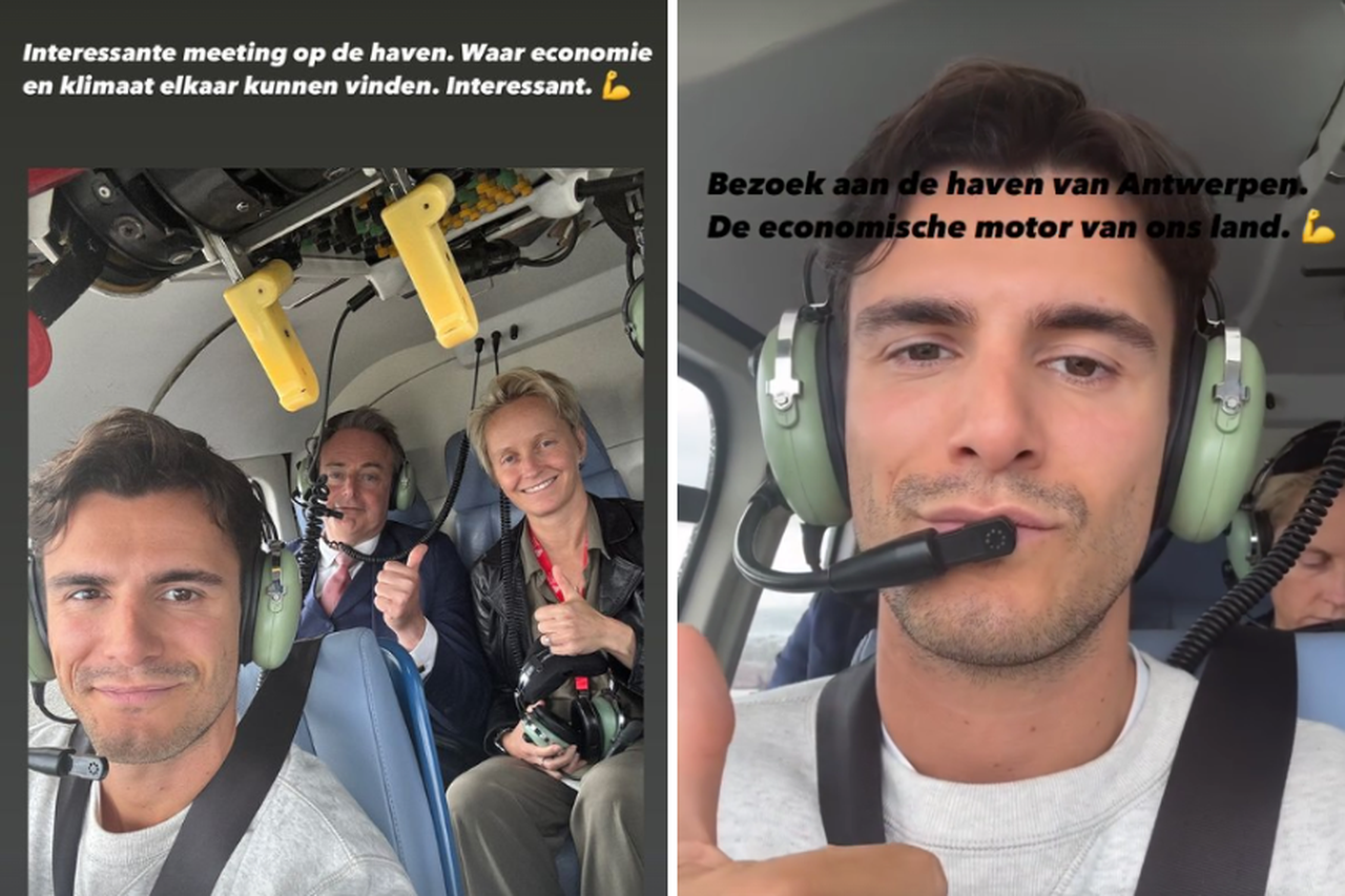 Conner Rousseau en Bart De Wever maken helikoptervlucht boven haven van ...