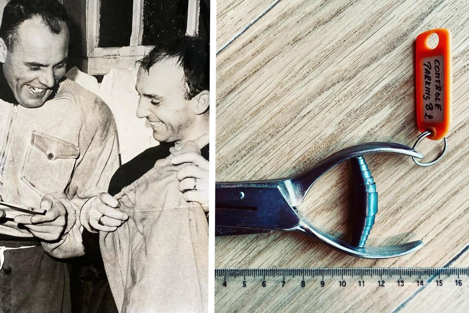 Oud-spelers Armand Seghers en Norbert Van Huffel op een foto uit 1963, rechts een authentieke kaartjesknipper.