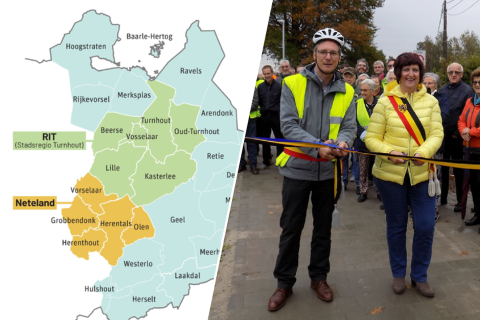 Burgemeester Ward Kennes van Kasterlee en burgemeester Marleen Peeters van Lille bij de opening van het nieuwe fietspad tussen Poederlee en Lichtaart. Beide gemeenten treden samen toe tot Stadsregio Turnhout, al komt er snel een nieuwe naam zonder de term ‘stad’. 