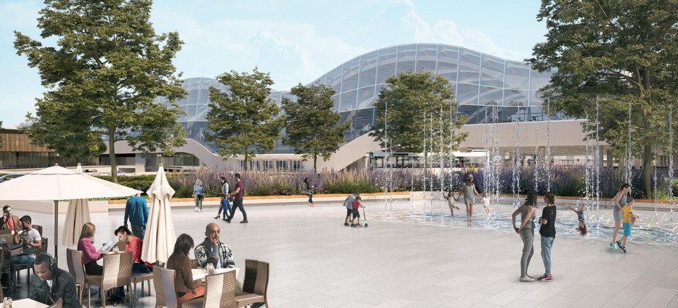 Een impressie van het toekomstige stationsgebouw aan de zijde van het Koning Albertplein. 