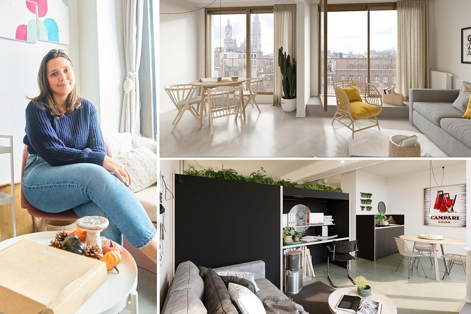 Laura Mertens heeft een ‘Prince’-kamer in het gelijknamige gebouw van ontwikkelaar Xior in Antwerpen. Rechts: twee foto’s van een ‘Queen’-kamer.