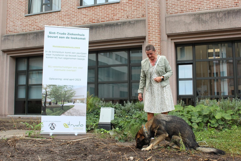 Hond Lexi van baasje en patiënte Katrien graaft het eerste pootje voor het nieuwe paviljoen 