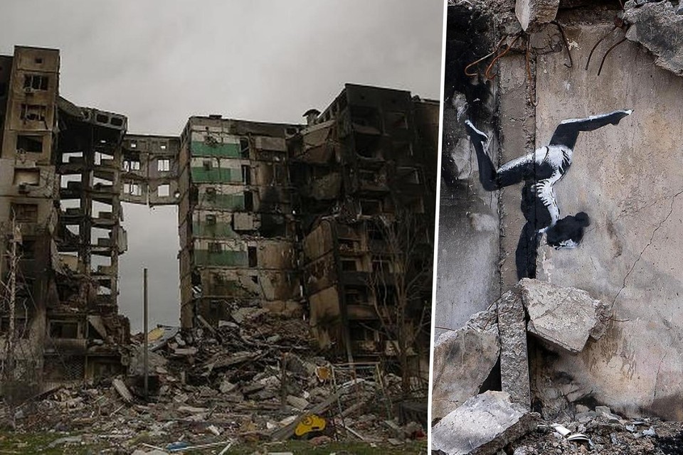 Banksy maakte het kunstwerk op een vernielde woning in het Oekraïense Bordojanka 
