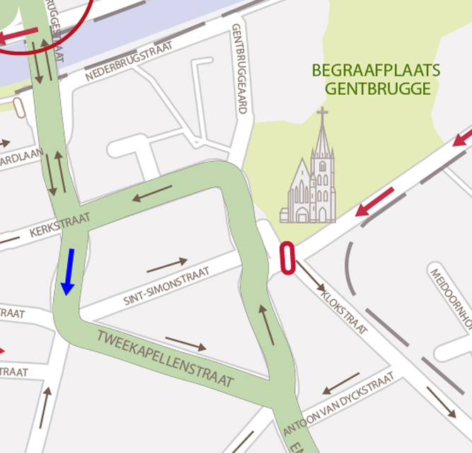 Aan Gentbruggeplein wordt een verbinding geknipt om het plein autoluwer te maken. Aan de Tweekapellenstraat wordt een stukje eenrichtingsverkeer ingevoerd om doorgaand verkeer naar Gentbruggebrug af te snijden.