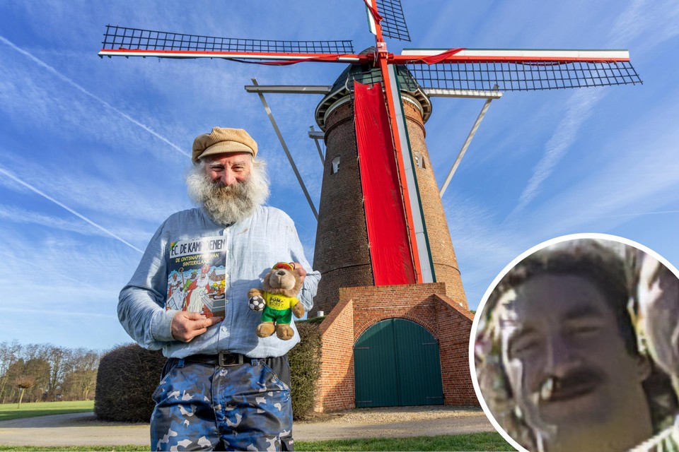 Molenaar Ludwig Lenaerts met Kampioenen-mascotte Jefke uit 1993 en een stripalbum van FC De Kampioenen. “Twee dagen geleden werd ik nog herkend in een frituur in Grobbendonk.”