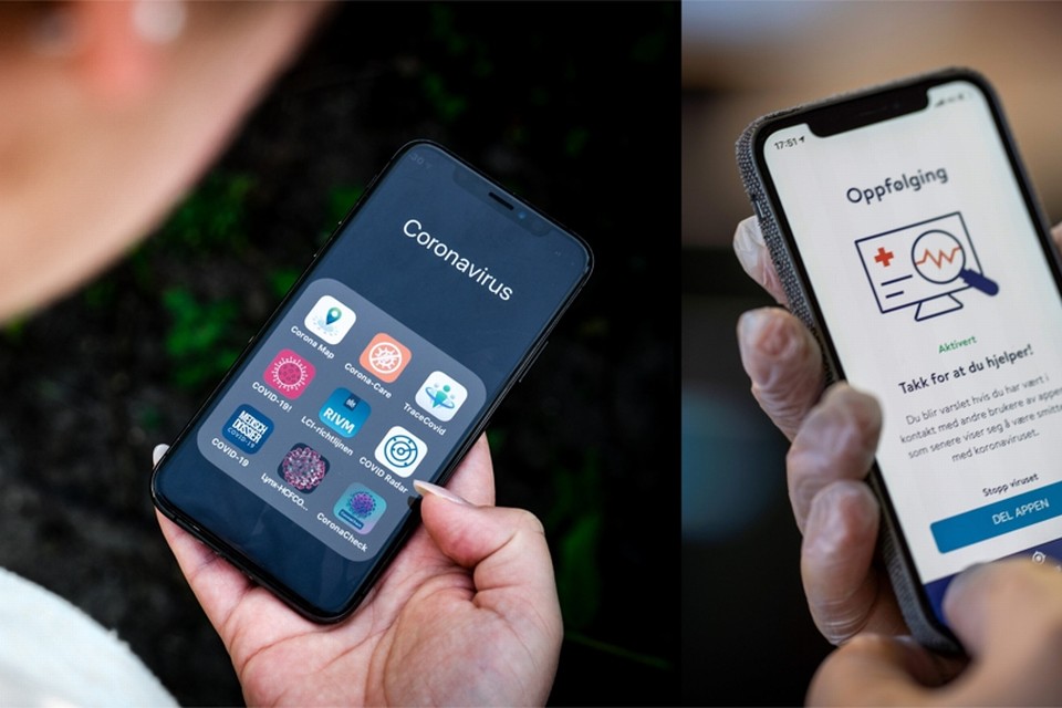 Links een telefoon met verschillende apps om het virus te tracken, rechts de app die Noorwegen gebruikt. In Nederland nemen 7 bedrijven dit weekend deel aan een appathon. 