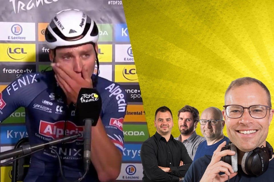 Mathieu van der Poel is met zijn gedachten bij zijn grootvader Raymond Poulidor en laat zijn tranen de vrije loop.
