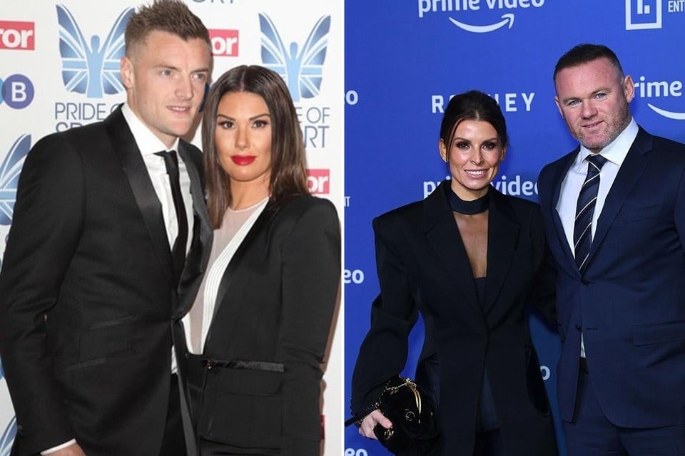 Links Jamie en Rebekah Vardy, rechts Coleen en Wayne Rooney.