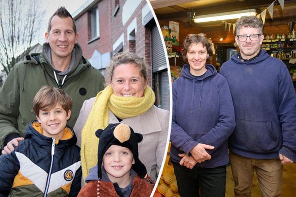 Links: Geert en Karolien uit Ruisbroek met hun kinderen Jens en Juul. Rechts: Bart De Coninck en zijn vrouw wonen in deelgemeente Liezele, waar de stroom als eerste zal worden afgeschakeld.  