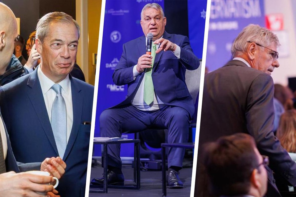Onder anderen Nigel Farage, Viktor Orbán en Filip Dewinter (vlnr.) tekenden present in Brussel.