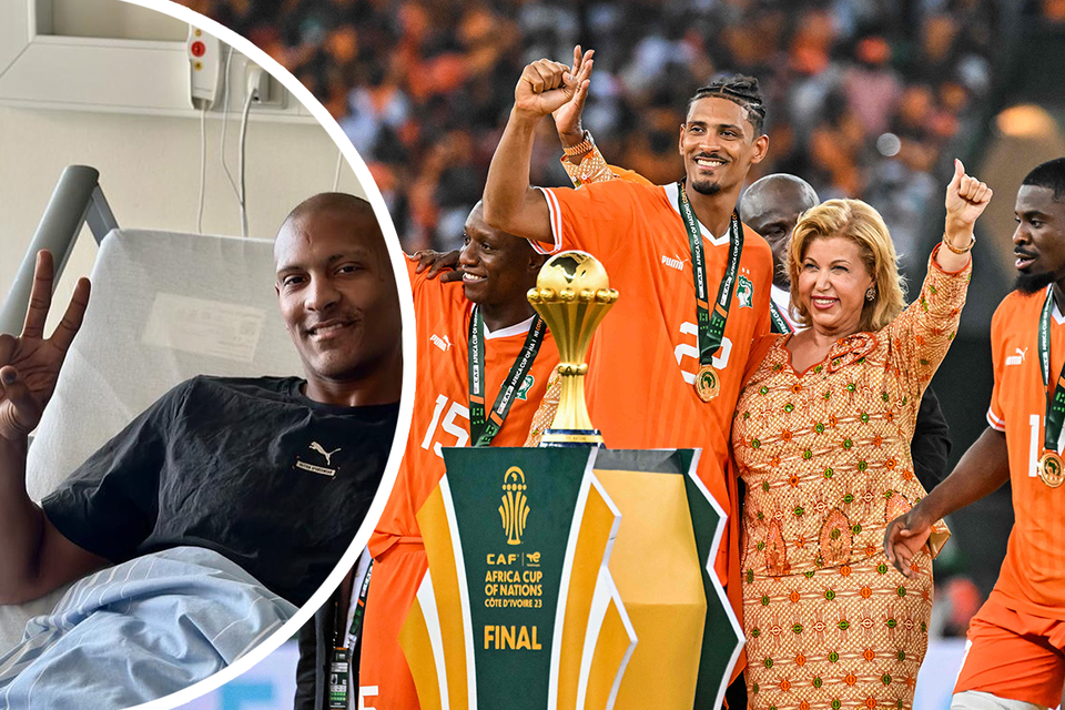 Sébastien Haller celebrates the Africa Cup with Dominique Ouattara, the first lady of Ivory Coast