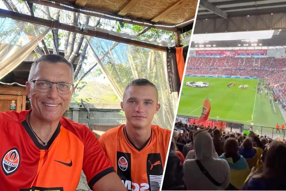 Left: Evgen with his son.  Right: in the away section on the Bosuil for Antwerp-Shakhtar.