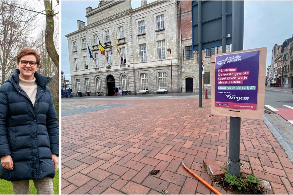 Schepen van Groen Caroline Maertens trok met een ploeg naar het plein in Menen en wrikte er een straatsteen los.